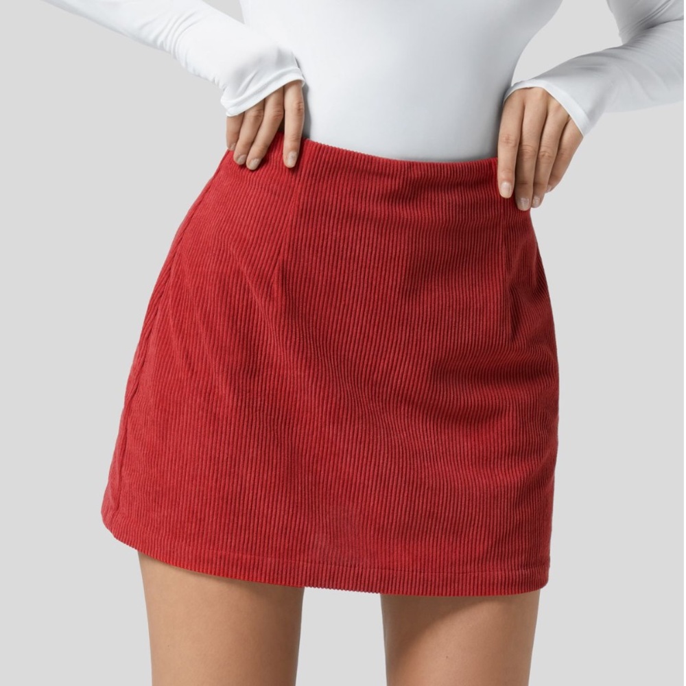 halara red corduroy mini skirt with built in shorts